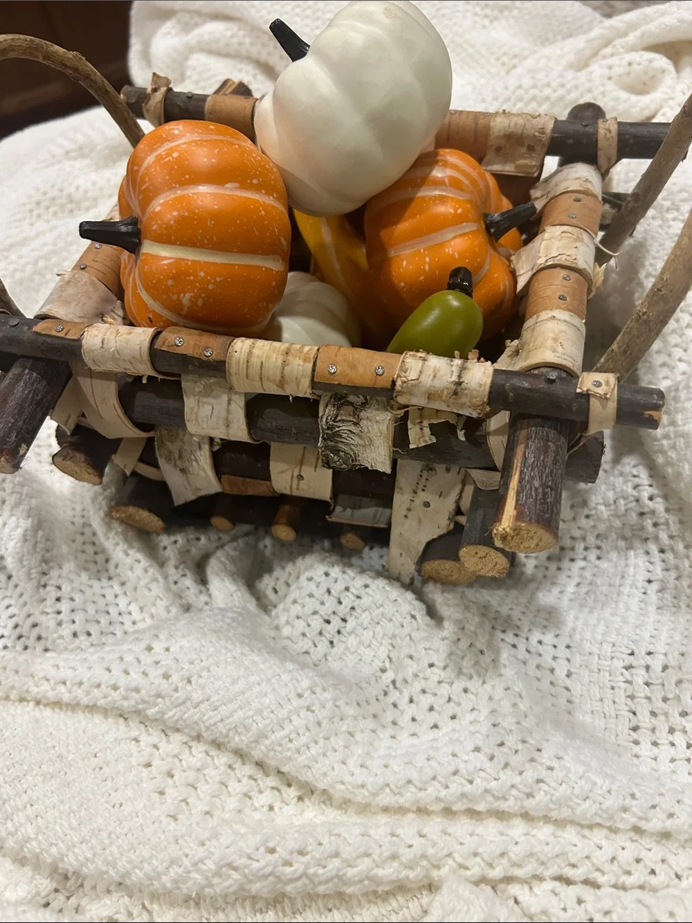 Rustic Fall Harvest Decorative Basket with Orange, White & Faux Pumpkins
